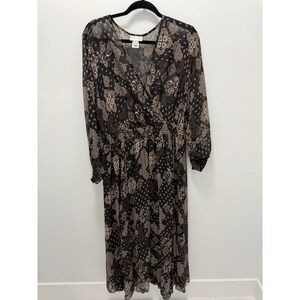 Kate & Lily Boho Floral Midi Dress Black Brown Long Sleeve Size 14W New